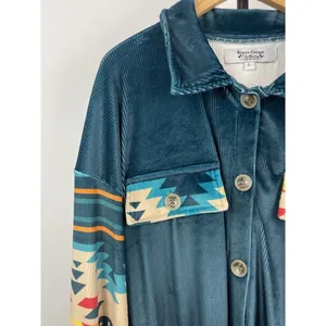 Rowdy Crowd Blue Western Aztec Soft Ribbed Velvet Long Sleeve Button‎ Up Shirt L thumbnail 5