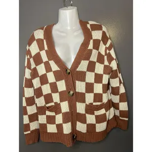 American Eagle Cardigan Sweater Womens XS Brown Checkered V Neck Button Front thumbnail 2