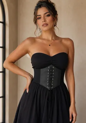 Vintage Style Lace Up Faux Leather Elastic Girdle Black Casual Wide Waistband‎ thumbnail 1