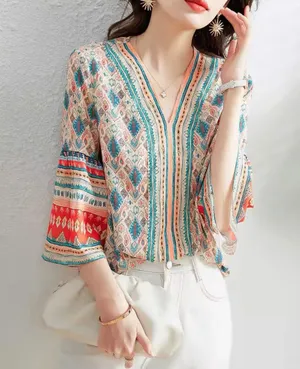 Woman Summer Vintage Style Chiffon Blouses Tops thumbnail 1
