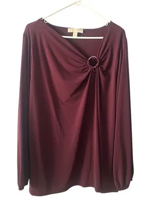 Michael Kors Burgandy Aysmmetrical Neck Long‎ Sleeve Blouse, 2X thumbnail 1