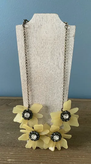 Chunky Pale Yellow Flowers with Crystal Rhinestones Necklace Boho Vintage-Style thumbnail 1
