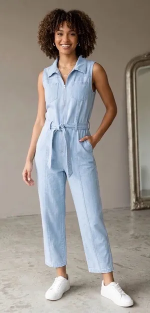Mango Denim Chambray Belted Jumpsuit  Lightweight Ankle Medium. thumbnail 1