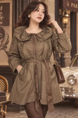 Vertigo Paris Womens XL Olive Taupe Ruffle Collar Belted Trench Coat Jacket thumbnail 1