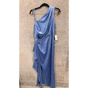 Adrianna Papell Women Gown 6 Blue Satin Crepe One Shoulder Ruffle Side Slit thumbnail 2