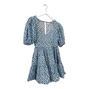 Mille Aneli Blue & Green Block Print Puff Sleeve Mini Dress Size XS thumbnail 3