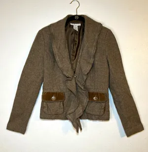 CAbi Womens Brown Wool Blend Ruffle Front Jacket fairy whimsical witchy cottage thumbnail 1