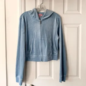 Juicy Couture Baby Blue Velvet Zipper Hoodie Jacket Pants Set Rhinestone Y2K XL thumbnail 8