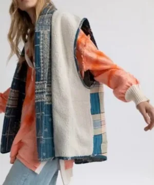 FREE PEOPLE Vera Plaid Patch‎ Sherpa Vest Oversized Boho Size Small thumbnail 1