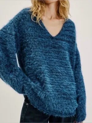 Free People $168 Sparrow Pullover V-Neck Fuzzy Blue Sweater Slouchy Oversized S thumbnail 1