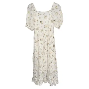 Mikarose Flowy Floral Dress M cream flowers spring sundress puff sleeves dainty thumbnail 3