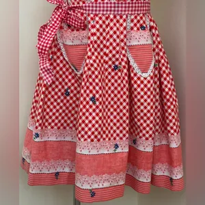Red White Retro Gingham Checkered Lace Sleeveless Wing Hand Made Dress Sz S thumbnail 6