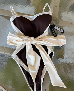 Strapless Two-Tone Brown and Cream One-Piece Swimsuit with Waist Tie thumbnail 1