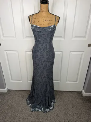 Azazie Atelier Sz 4 Blue Floral Satin Cowl Neck Mermaid Formal Gown NWT thumbnail 2