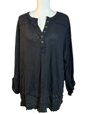 Free People Oversized Slouchy Cotton Linen Henley Tee in Black Medium NWT thumbnail 4