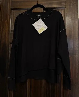 DKNY Black Stud-Trim Layered Hem Sweater thumbnail 1