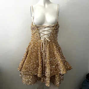 Gold Sequin Fairy Prom Dress 8 Whimsical Dreamy Romantic Ethereal Tiered Formal thumbnail 2