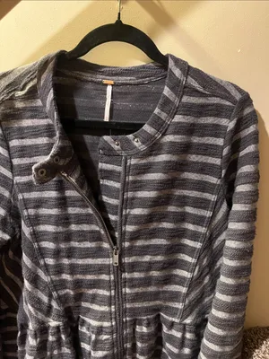 Free People Charcoal & Light Gray Striped Zip Peplum Jacket thumbnail 4
