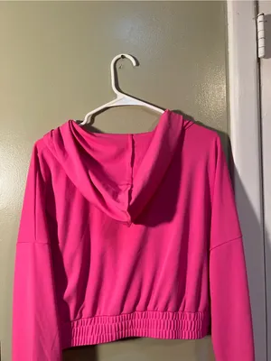 Womens Size XL Cropped Hoodie Bright Pink Banded Hem Long Sleeve Kangaroo Pocket thumbnail 7