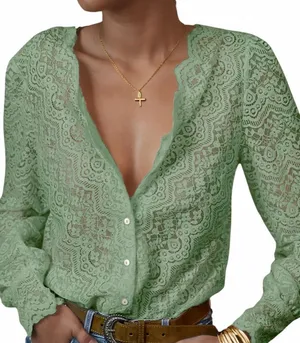 NEW Light Green Lace Tops Blouse Puff Long Sleeve V Neck Button Down M thumbnail 1
