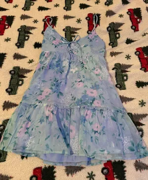 Hollister Light Blue Floral Spaghetti Strap Tiered Dress thumbnail 1