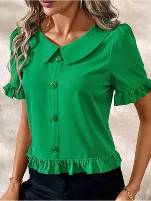 SHEIN Clasi Elegant Women V-Neck Blouse With Ruffle Trim Short Sleeve Top Sz XL thumbnail 1