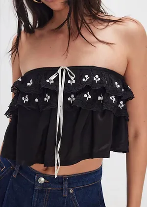 NWT free people Tailia embroidered tube top black ivory flowers sz medium thumbnail 1