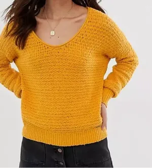 Abercrombie &‎ Fitch Women's Mustard V-Neck crochet Sweater Size L thumbnail 1