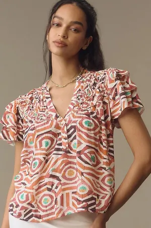 Anthropologie Maeve Short-Sleeve‎ Ruffle Yoke Colorful Blouse size xs thumbnail 1