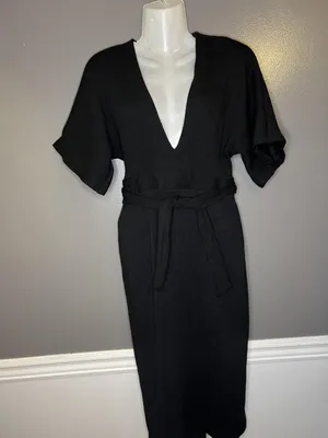 Topshop Dress Womens 6 Black V Neck Kimono Sleeve Cutout Back Tie Waist Midi thumbnail 2
