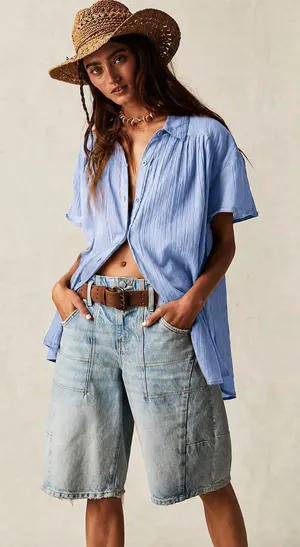 Free People We The Free Float Away Cotton Button-Up Shirt- Blue $78 MSRP thumbnail 1