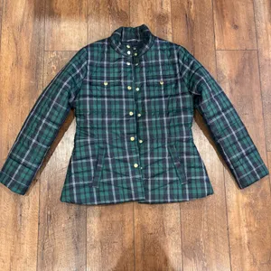 J. Crew Womens Puffer Jacket Size Small Green Tartan Plaid Zip Front (NO BELT) thumbnail 2