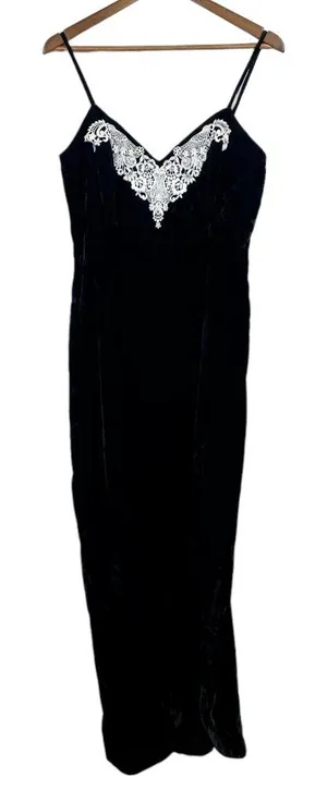 Roberta‎ Evening Gown 13/14 Black Velvet Lace Sheath V-Neck Long Slit Vintage thumbnail 1