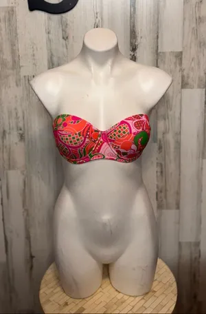 SheIn Bandeau Bikini Top Womens Small Pink Orange Geometric Abstract Strapless Swim To thumbnail 1