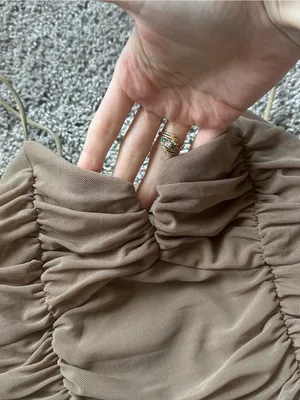 Ruched Spaghetti-Strap Bodycon Dress in Tan thumbnail 3