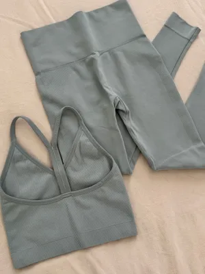 SET ACTIVE Sculptflex Set (XS) - Ribbed V Bra & Leggings, Light Blue Grey thumbnail 2