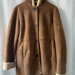 Lands' End women's faux suede shearling hooded sherpa coat size medium (10–12) thumbnail 1