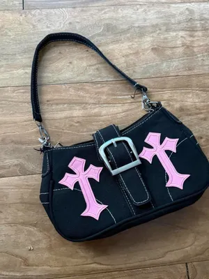 Black Canvas Shoulder Bag with Pink Cross thumbnail 4