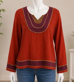 Lucky Brand Rust‎ Red Boho Beaded Bib Long Sleeve Rayon Blouse Small Metallic thumbnail 1