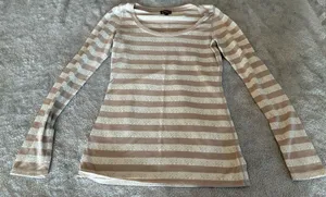 Women’s Express Striped Long-Sleeve Scoop Neck Top in Beige and White Size Small thumbnail 1