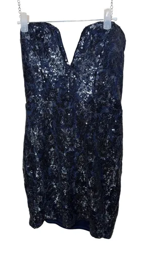 Sequin Hearts Navy Blue Strapless Deep V-Neck Sequin Bodycon Mini Dress‎ Size 9 thumbnail 1