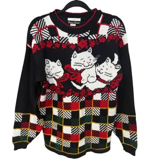 Vintage Dana Scott Christmas Cat Plaid Knit Sweater Holiday Black Red Size Small thumbnail 1