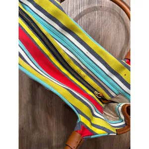 Kate Spade New York Striped Canvas‎ Satchel Bag Blue Yellow Red Tan Leather Trim thumbnail 5