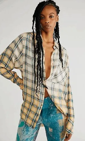 Free People One Yellow Plaid Faded Dyed Boho Button Down Top Small NWOT thumbnail 1