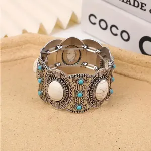 Bohemian Retro Style Silver Color Elastic‎ Women's Turquoise Bracelet thumbnail 9