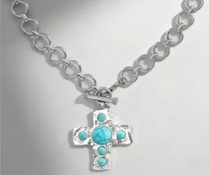 Zenana Silver Chain Necklace with Turquoise Cross Pendant thumbnail 1