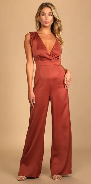 Lulu’s NWT Satin Asymmetrical Jumpsuit Rusty Rose Large thumbnail 2