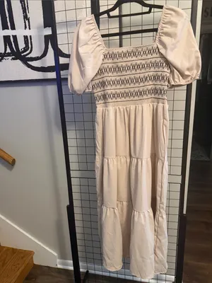 Smocked Cream Maxi Dress with Puff Sleeves thumbnail 2