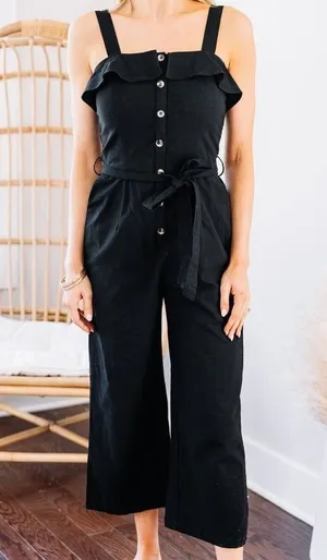 Billabong Ruffled Square Neckline Button Front Self Tie Belt Pockets Jumpsuit M thumbnail 1