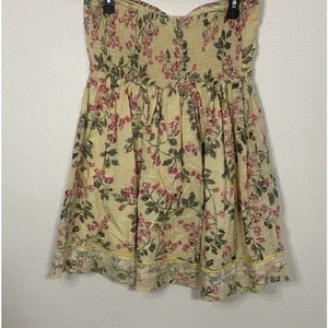 Hazel Strapless Floral Sundress Yellow Pink Green L 100% Cotton Lace Bow Ruffle thumbnail 4